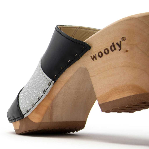 [Schwarz-Silber Glitzer] Ella Damen Clog Pantolette "Glam Line" – elegant, mit biegsamer Sohle – Farbe: Schwarz-Silber Glitzer