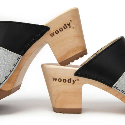 [Schwarz-Silber Glitzer] Ella Damen Clog Pantolette "Glam Line" – elegant, mit biegsamer Sohle – Farbe: Schwarz-Silber Glitzer