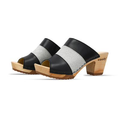 [Schwarz-Silber Glitzer] Ella Damen Clog Pantolette "Glam Line" – elegant, mit biegsamer Sohle – Farbe: Schwarz-Silber Glitzer
