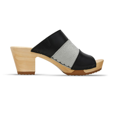 [Schwarz-Silber Glitzer] Ella Damen Clog Pantolette "Glam Line" – elegant, mit biegsamer Sohle – Farbe: Schwarz-Silber Glitzer
