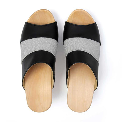 [Schwarz-Silber Glitzer] Ella Damen Clog Pantolette "Glam Line" – elegant, mit biegsamer Sohle – Farbe: Schwarz-Silber Glitzer