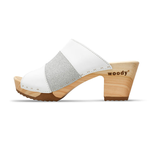 [Weiss-Silber Glitzer] Ella Damen Clog Pantolette "Glam Line" – elegant, mit biegsamer Sohle – Farbe: Weiss-Silber Glitzer