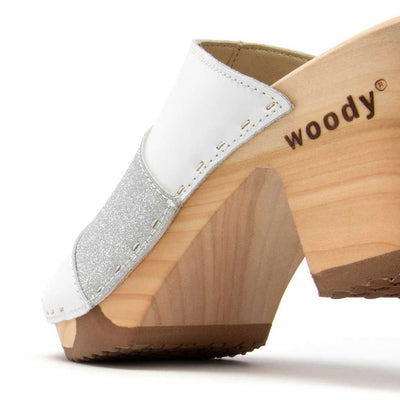 [Weiss-Silber Glitzer] Ella Damen Clog Pantolette "Glam Line" – elegant, mit biegsamer Sohle – Farbe: Weiss-Silber Glitzer
