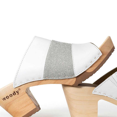 [Weiss-Silber Glitzer] Ella Damen Clog Pantolette "Glam Line" – elegant, mit biegsamer Sohle – Farbe: Weiss-Silber Glitzer