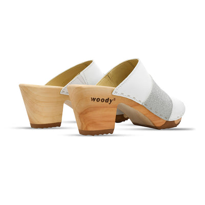 [Weiss-Silber Glitzer] Ella Damen Clog Pantolette "Glam Line" – elegant, mit biegsamer Sohle – Farbe: Weiss-Silber Glitzer