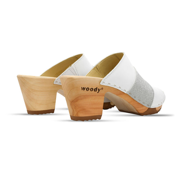 [Weiss-Silber Glitzer] Ella Damen Clog Pantolette "Glam Line" – elegant, mit biegsamer Sohle – Farbe: Weiss-Silber Glitzer