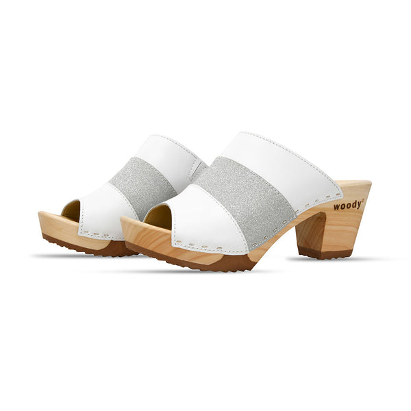 [Weiss-Silber Glitzer] Ella Damen Clog Pantolette "Glam Line" – elegant, mit biegsamer Sohle – Farbe: Weiss-Silber Glitzer