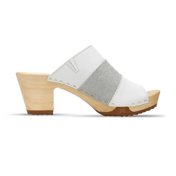[Weiss-Silber Glitzer] Ella Damen Clog Pantolette "Glam Line" – elegant, mit biegsamer Sohle – Farbe: Weiss-Silber Glitzer