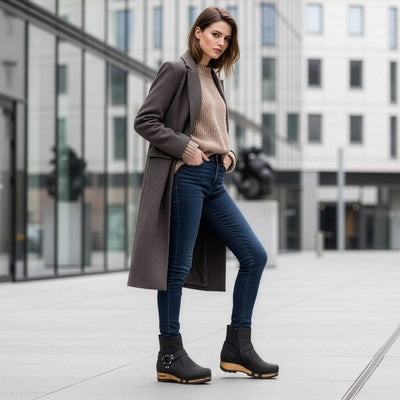[Nero] elya damen clog stiefelette mit biegsamer nachhaltiger holzsohle, farbe: nero (schwarz), holzclogs woody, woody schuhe, woody shoes, handgemachte holzschuhe aus österreich, kärnten