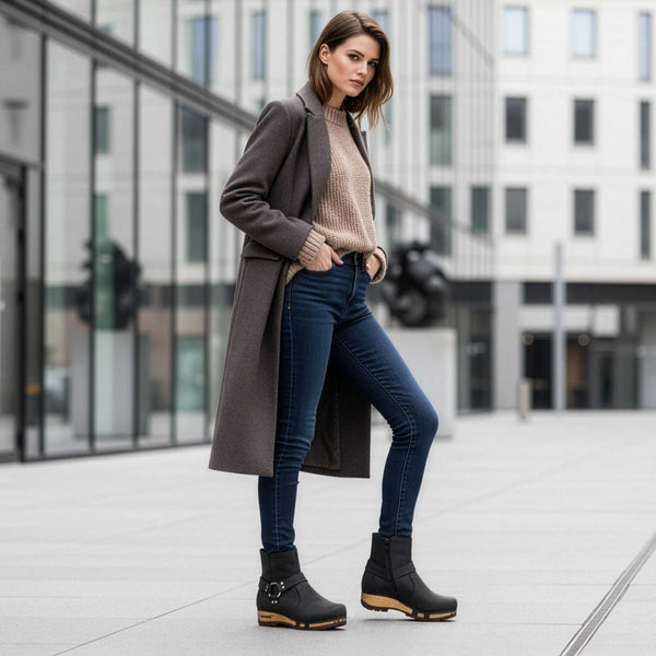 [Nero] elya damen clog stiefelette mit biegsamer nachhaltiger holzsohle, farbe: nero (schwarz), holzclogs woody, woody schuhe, woody shoes, handgemachte holzschuhe aus österreich, kärnten