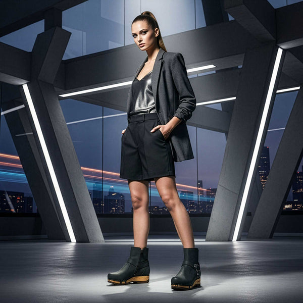 [Nero] elya damen clog stiefelette mit biegsamer nachhaltiger holzsohle, farbe: nero (schwarz), holzclogs woody, woody schuhe, woody shoes, handgemachte holzschuhe aus österreich, kärnten