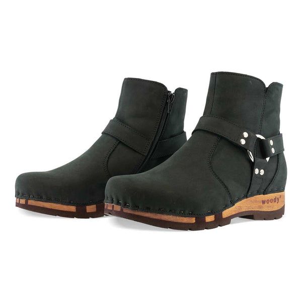 [Nero] elya damen clog stiefelette mit biegsamer nachhaltiger holzsohle, farbe: nero (schwarz), holzclogs woody, woody schuhe, woody shoes, handgemachte holzschuhe aus österreich, kärnten