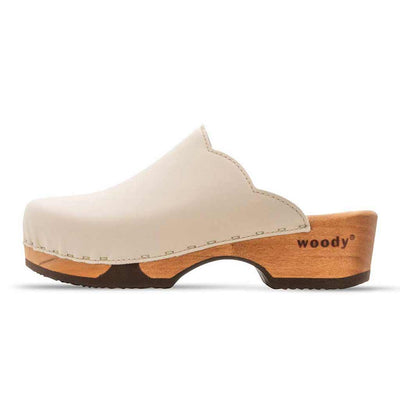 [Creme] Emma Damen Clog, farbe:creme, clogs damen mit biegsamer nachhaltiger weidenholzsohle, holzclogs woody, woody schuhe, woody shoes, handgemachte holzschuhe aus österreich, kärnten
