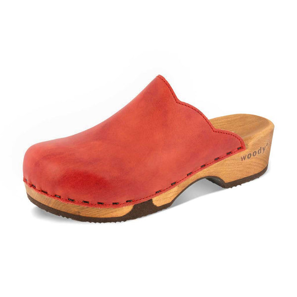 [Rosso] Emma Damen Clog, farbe: rosso (rot)_clogs damen mit biegsamer nachhaltiger weidenholzsohle, holzclogs woody, woody schuhe, woody shoes, handgemachte holzschuhe aus österreich, kärnten