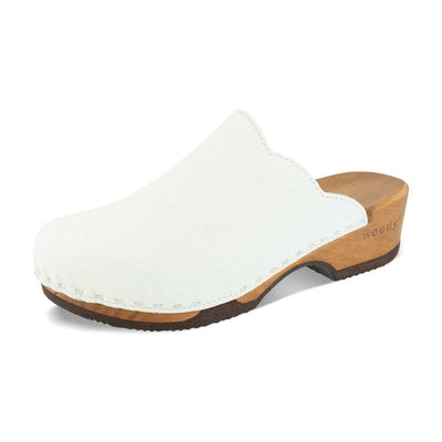[Weiss] Emma Damen Clog, farbe: weiss_clogs damen mit biegsamer nachhaltiger weidenholzsohle, holzclogs woody, woody schuhe, woody shoes, handgemachte holzschuhe aus österreich, kärnten