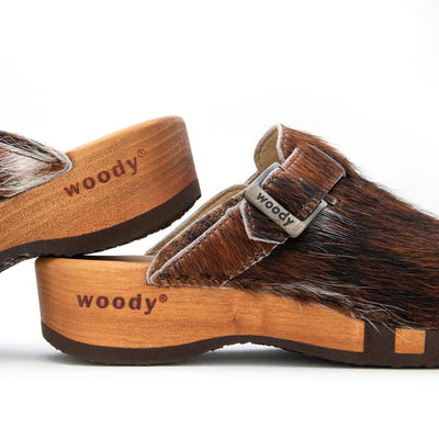 [Natur Fell] Erika Fell Damen Clog von woody, farbe: fell natur (tricolore rinderfell)