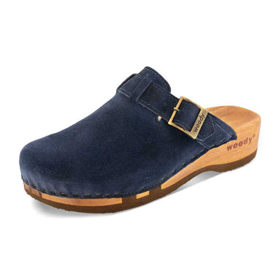 [Navy] Erika Damen Clog, farbe: sand alias warm gray_clogs damen mit biegsamer nachhaltiger weidenholzsohle, holzclogs woody, woody schuhe, woody shoes, handgemachte holzschuhe aus österreich, traktor