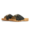 [Schwarz mit Schmuck] Farah Damen Clog Pantolette – elegant, mit biegsamer Sohle aus nachhaltigem Weidenholz, Farbe: schwarz (mit goldener und strassbesetzter Zierschnalle)