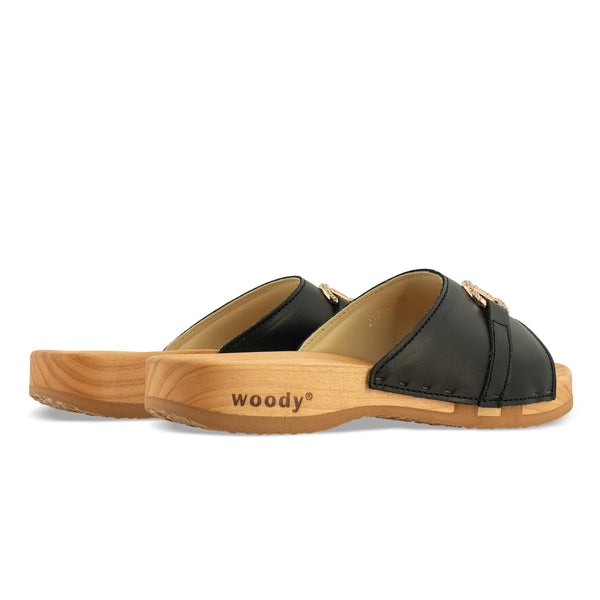 [Schwarz mit Schmuck] Farah Damen Clog Pantolette – elegant, mit biegsamer Sohle aus nachhaltigem Weidenholz, Farbe: schwarz (mit goldener und strassbesetzter Zierschnalle)