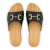 [Schwarz mit Schmuck] Farah Damen Clog Pantolette – elegant, mit biegsamer Sohle aus nachhaltigem Weidenholz, Farbe: schwarz (mit goldener und strassbesetzter Zierschnalle)