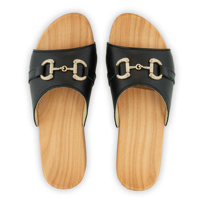 [Schwarz mit Schmuck] Farah Damen Clog Pantolette – elegant, mit biegsamer Sohle aus nachhaltigem Weidenholz, Farbe: schwarz (mit goldener und strassbesetzter Zierschnalle)