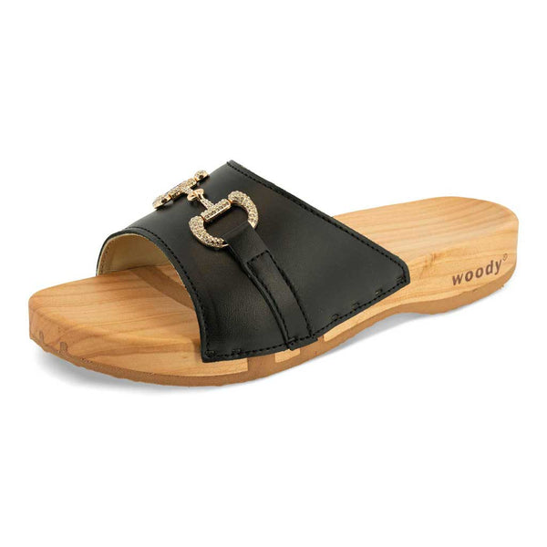 [Schwarz mit Schmuck] Farah Damen Clog Pantolette – elegant, mit biegsamer Sohle aus nachhaltigem Weidenholz, Farbe: schwarz (mit goldener und strassbesetzter Zierschnalle)