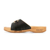 [Schwarz mit Schmuck] Farah Damen Clog Pantolette – elegant, mit biegsamer Sohle aus nachhaltigem Weidenholz, Farbe: schwarz (mit goldener und strassbesetzter Zierschnalle)