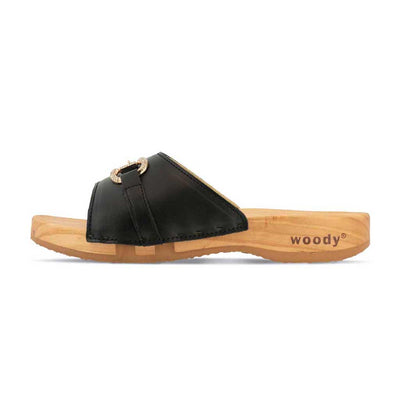 [Schwarz mit Schmuck] Farah Damen Clog Pantolette – elegant, mit biegsamer Sohle aus nachhaltigem Weidenholz, Farbe: schwarz (mit goldener und strassbesetzter Zierschnalle)