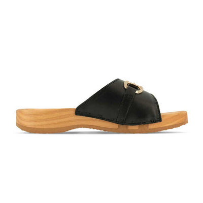 [Schwarz mit Schmuck] Farah Damen Clog Pantolette – elegant, mit biegsamer Sohle aus nachhaltigem Weidenholz, Farbe: schwarz (mit goldener und strassbesetzter Zierschnalle)