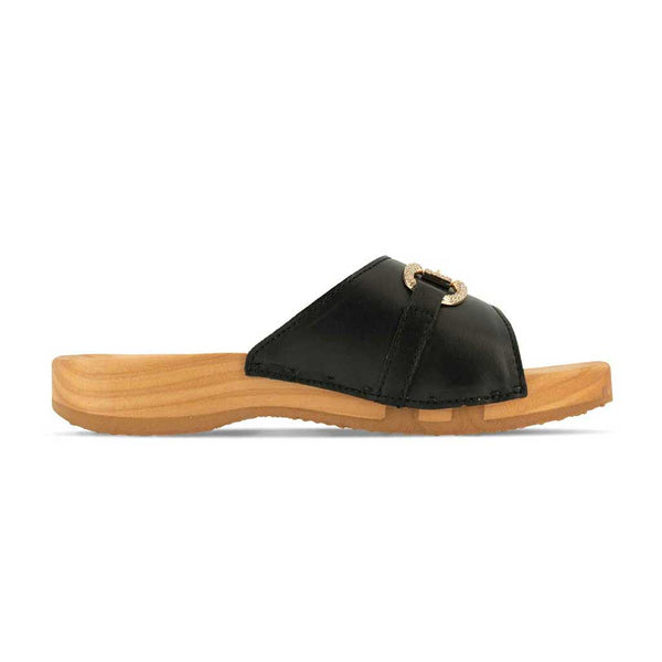[Schwarz mit Schmuck] Farah Damen Clog Pantolette – elegant, mit biegsamer Sohle aus nachhaltigem Weidenholz, Farbe: schwarz (mit goldener und strassbesetzter Zierschnalle)