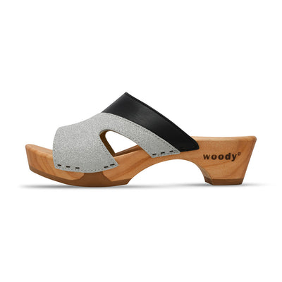 [Schwarz-Silber Glitzer] Fiona Damen Clog Pantolette – elegant, mit biegsamer Sohle – Farbe: Schwarz-Silber Glitzernd