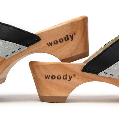 [Schwarz-Silber Glitzer] Fiona Damen Clog Pantolette – elegant, mit biegsamer Sohle – Farbe: Schwarz-Silber Glitzernd