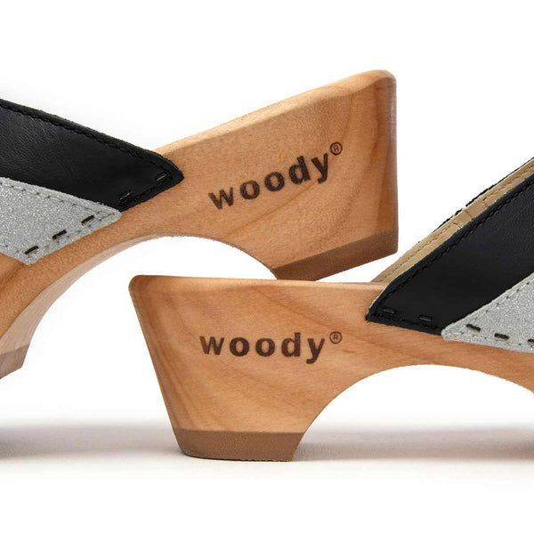 [Schwarz-Silber Glitzer] Fiona Damen Clog Pantolette – elegant, mit biegsamer Sohle – Farbe: Schwarz-Silber Glitzernd