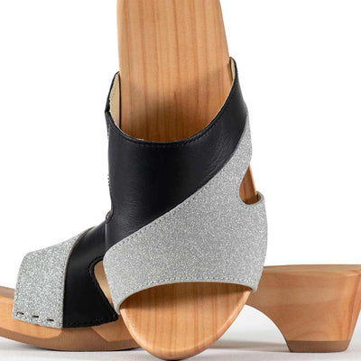 [Schwarz-Silber Glitzer] Fiona Damen Clog Pantolette – elegant, mit biegsamer Sohle – Farbe: Schwarz-Silber Glitzernd