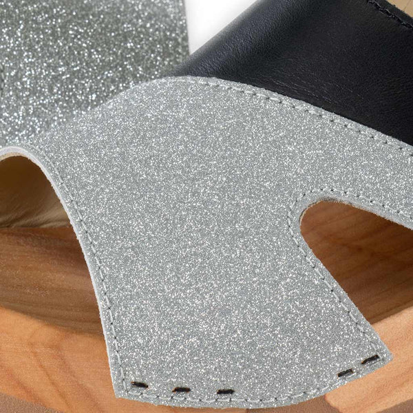 [Schwarz-Silber Glitzer] Fiona Damen Clog Pantolette – elegant, mit biegsamer Sohle – Farbe: Schwarz-Silber Glitzernd