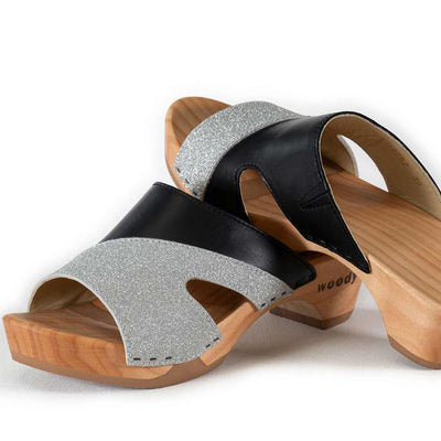 [Schwarz-Silber Glitzer] Fiona Damen Clog Pantolette – elegant, mit biegsamer Sohle – Farbe: Schwarz-Silber Glitzernd