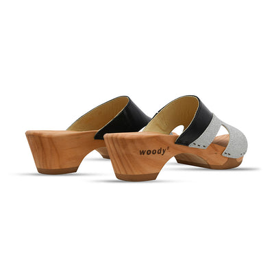 [Schwarz-Silber Glitzer] Fiona Damen Clog Pantolette – elegant, mit biegsamer Sohle – Farbe: Schwarz-Silber Glitzernd
