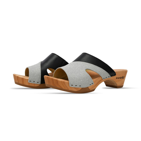 [Schwarz-Silber Glitzer] Fiona Damen Clog Pantolette – elegant, mit biegsamer Sohle – Farbe: Schwarz-Silber Glitzernd