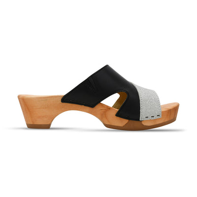 [Schwarz-Silber Glitzer] Fiona Damen Clog Pantolette – elegant, mit biegsamer Sohle – Farbe: Schwarz-Silber Glitzernd