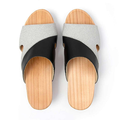 [Schwarz-Silber Glitzer] Fiona Damen Clog Pantolette – elegant, mit biegsamer Sohle – Farbe: Schwarz-Silber Glitzernd