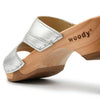 [Silber] Fiona Damen Clog, farbe: silber, pantoletten clogs damen mit biegsamer nachhaltiger Holzsohle,holzclogs woody, woody schuhe, woody shoes, handgemachte holzschuhe aus österreich, kärnten