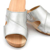 [Silber] Fiona Damen Clog, farbe: silber, pantoletten clogs damen mit biegsamer nachhaltiger Holzsohle,holzclogs woody, woody schuhe, woody shoes, handgemachte holzschuhe aus österreich, kärnten