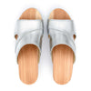 [Silber] Fiona Damen Clog, farbe: silber, pantoletten clogs damen mit biegsamer nachhaltiger Holzsohle,holzclogs woody, woody schuhe, woody shoes, handgemachte holzschuhe aus österreich, kärnten
