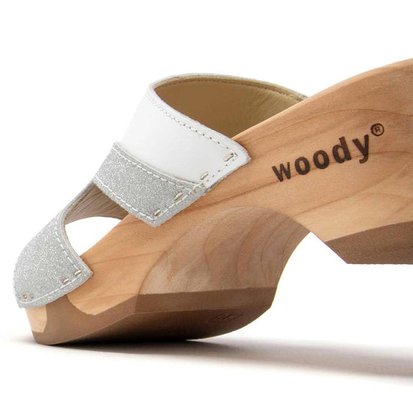 [Weiss-Silber Glitzer] Fiona Damen Clog Pantolette – elegant, mit biegsamer Sohle – Farbe: Weiss-Silber Glitzernd