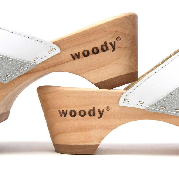 [Weiss-Silber Glitzer] Fiona Damen Clog Pantolette – elegant, mit biegsamer Sohle – Farbe: Weiss-Silber Glitzernd