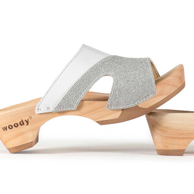 [Weiss-Silber Glitzer] Fiona Damen Clog Pantolette – elegant, mit biegsamer Sohle – Farbe: Weiss-Silber Glitzernd
