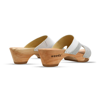 [Weiss-Silber Glitzer] Fiona Damen Clog Pantolette – elegant, mit biegsamer Sohle – Farbe: Weiss-Silber Glitzernd