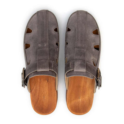 [Bleir] Freddy Herren Clog mit biegsamer nachhaltiger Holzsohle, farbe: bleir (grau), holzclogs woody, woody schuhe, woody shoes, handgemachte holzschuhe aus österreich, kärnten