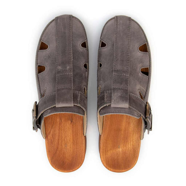 [Bleir] Freddy Herren Clog mit biegsamer nachhaltiger Holzsohle, farbe: bleir (grau), holzclogs woody, woody schuhe, woody shoes, handgemachte holzschuhe aus österreich, kärnten