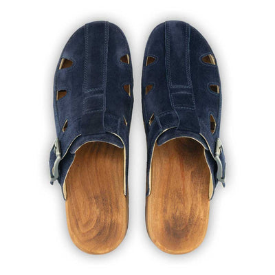woody Freddy Herren-Clog aus Leder in Navy-Blau mit biegsamer Holzsohle - handgefertigt in Oesterreich